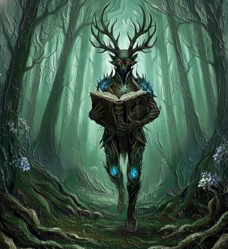 Mystical stag-headed forest creature reading a book in an enchanted green woodland, Felis Umbra.