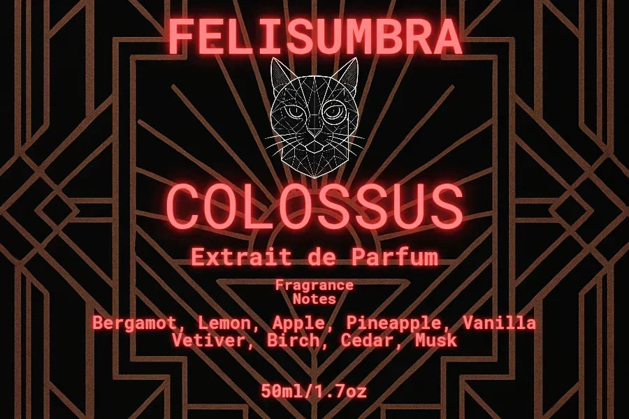 Felis Umbra Colossus Extrait de Parfum label with neon cat face and fragrance notes