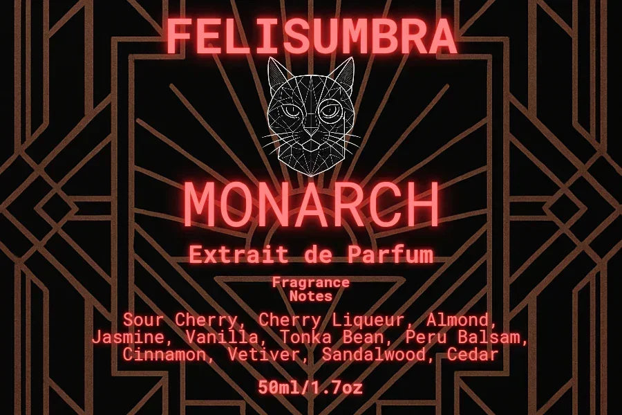 Felis Umbra Monarch Extrait de Parfum label with cat outline, fragrance notes, art deco design