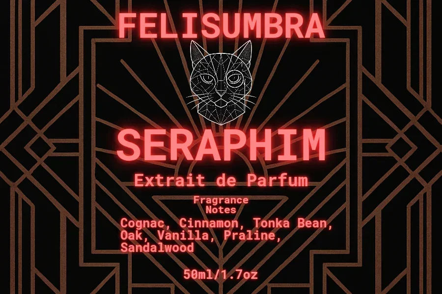 Felis Umbra Seraphim Extrait de Parfum label with cat line art and fragrance notes on black art deco background.