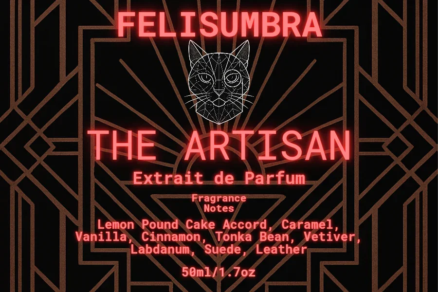 The Artisan Extrait de Parfum label with geometric cat design and fragrance notes in neon text