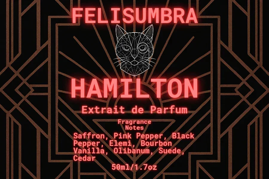 Felis Umbra Hamilton perfume label with cat illustration, fragrance notes, and art deco design