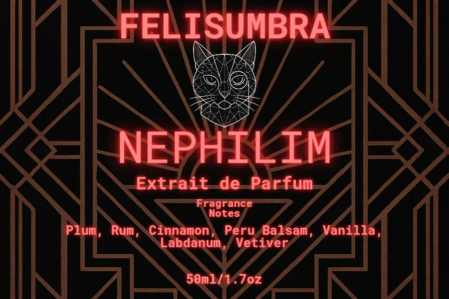 Felis Umbra Nephilim perfume label with geometric cat design, fragrance notes, and art deco pattern.