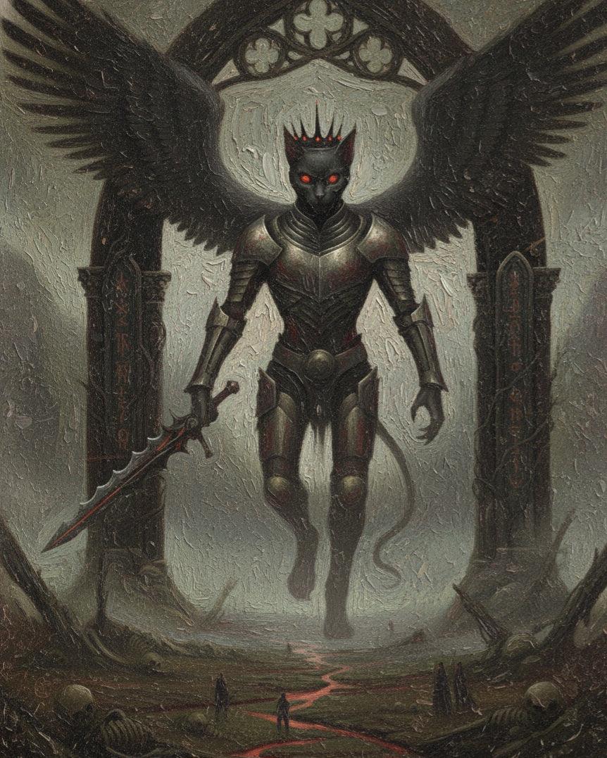 Dark fantasy feline knight with wings and crown stands in gothic archway, wielding sword, Felis Umbra theme