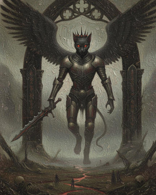 Dark fantasy feline knight with wings and crown stands in gothic archway, wielding sword, Felis Umbra theme