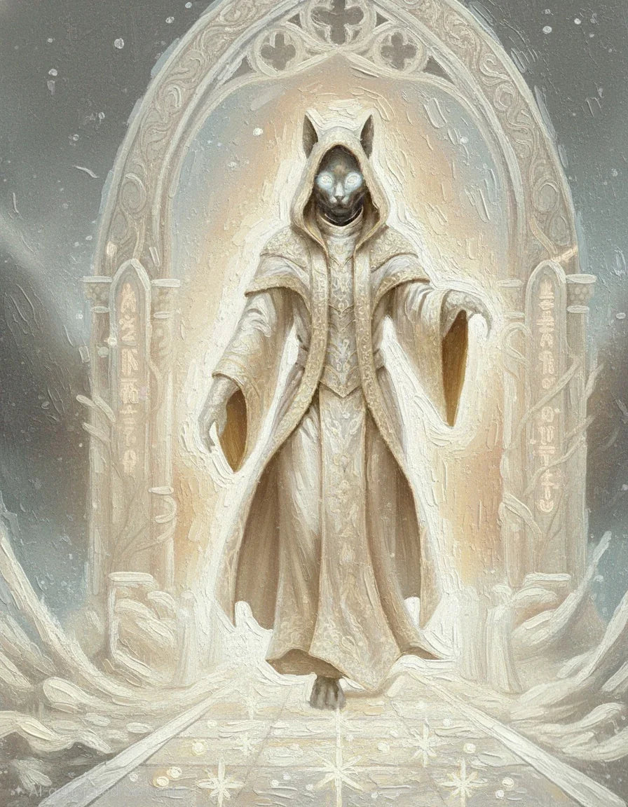 Mystical cat figure in ornate robe stands beneath glowing gothic arch, Felis Umbra artisan theme