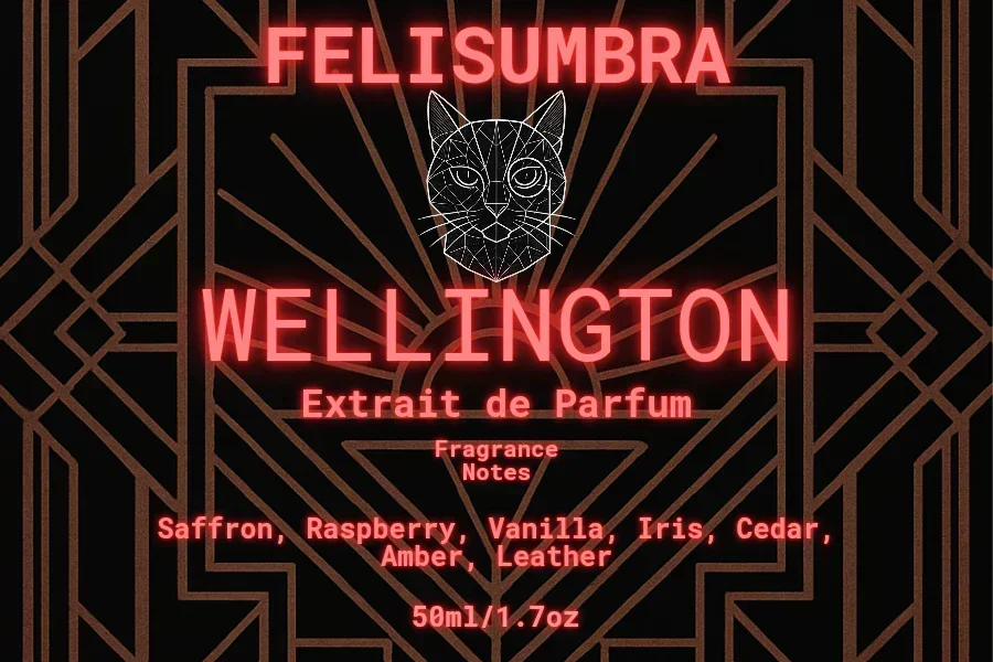 Felis Umbra Wellington artisan perfume label with geometric cat art and fragrance notes list.