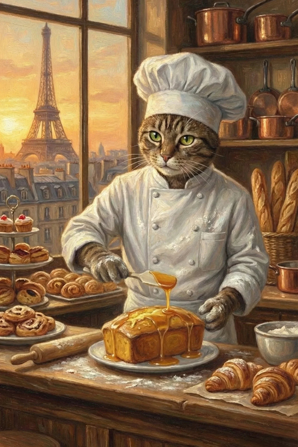 Tabby cat in chef attire baking pastries in a Paris bakery with Eiffel Tower view