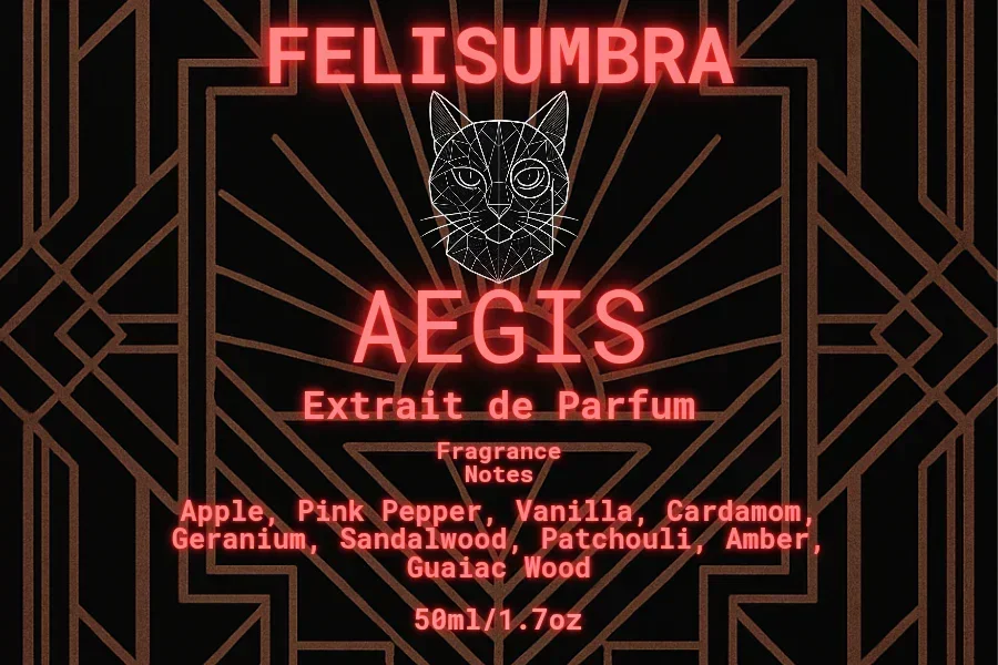 Felis Umbra Aegis artisan fragrance label with geometric cat art and listed scent notes.